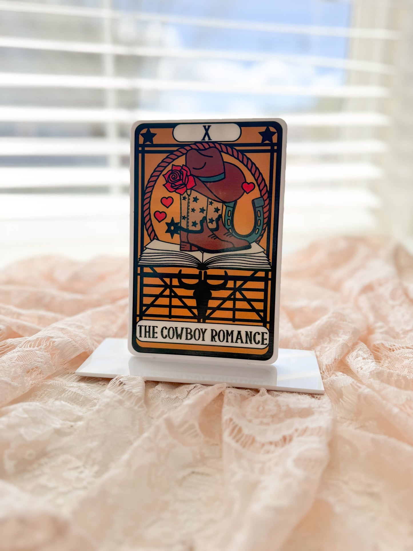 The Cowboy Romance Tarot Card Acrylic Shelf Sitter w/Stand