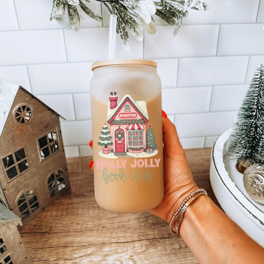 Tumbler: Holly Jolly Book Club Frosted Glass Tumbler
